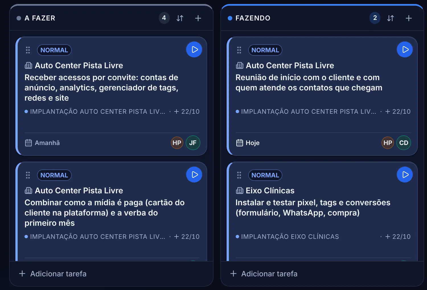 Tela real do quadro de tarefas do Mentrun com as colunas A fazer, Fazendo e Concluída, cliente, projeto, prazo e responsáveis