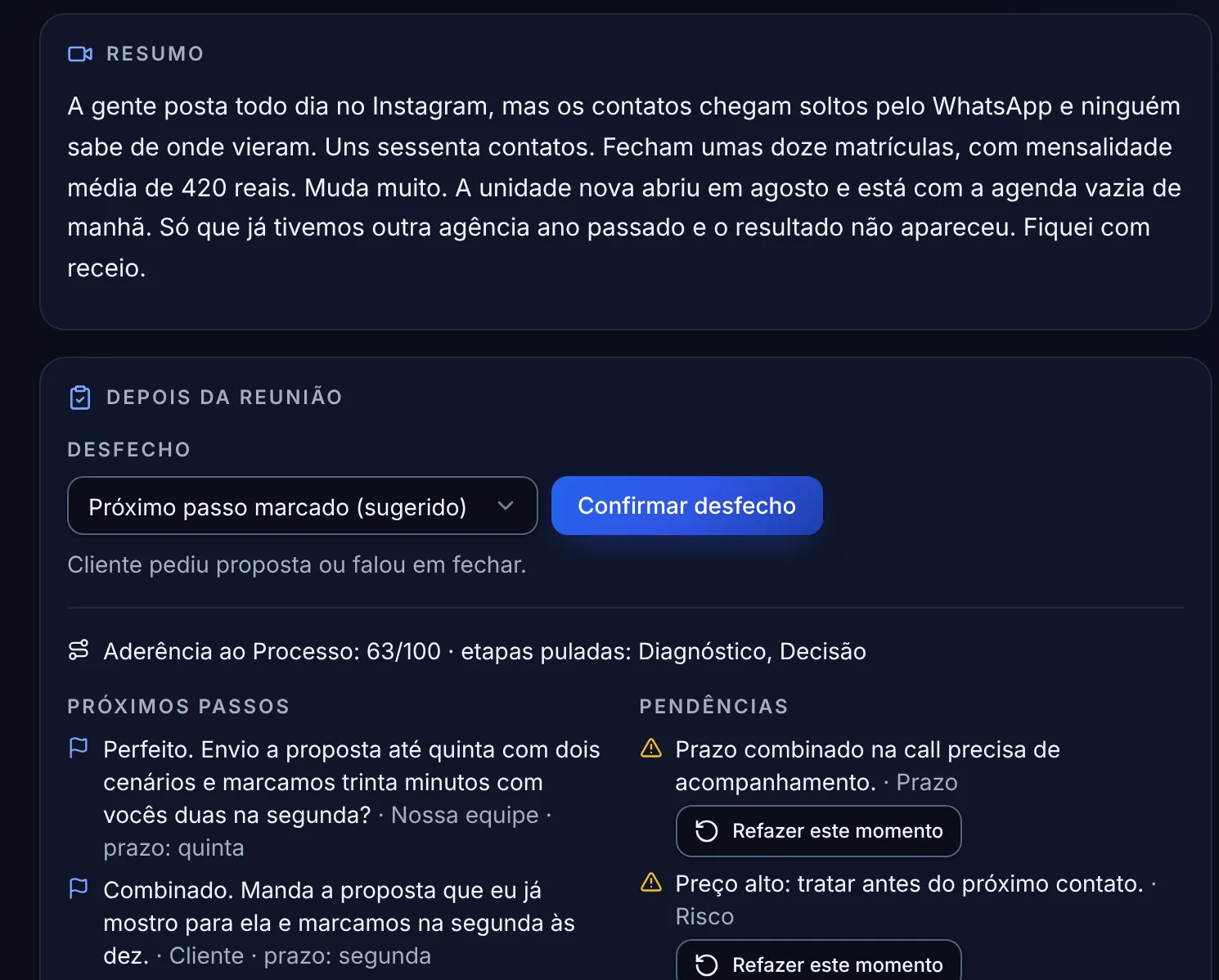 Tela real de uma reunião analisada no Mentrun: resumo, desfecho sugerido, aderência ao Processo e próximos passos com responsável e prazo